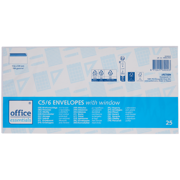 Конверты Office Essentials C5/C6 с окошком, 25 шт, белые, самоклеящиеся, FSC бумага - изображение 2