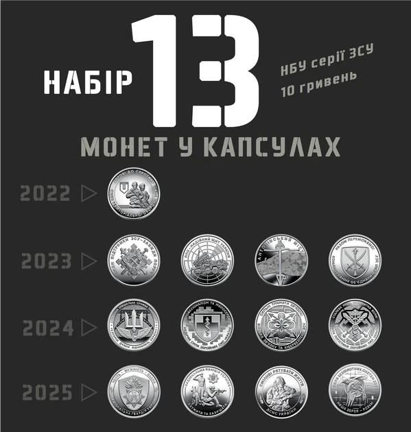 Набір з 13 обігових пам'ятних монет 10 грн серії ЗСУ 2022-2025