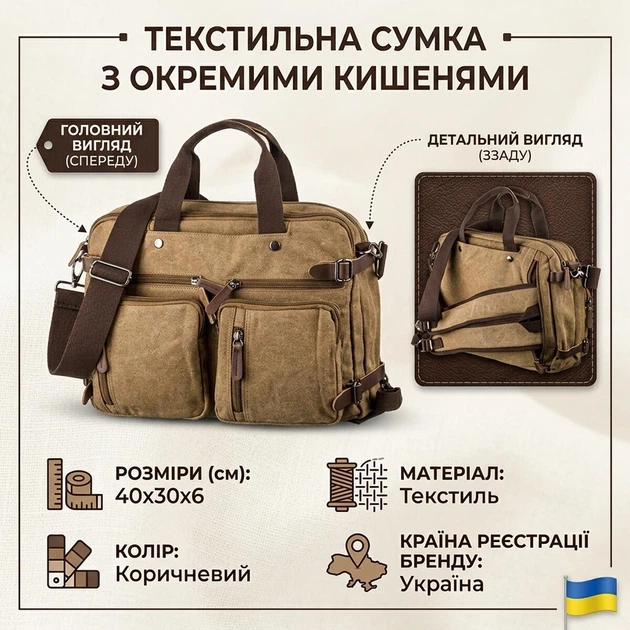 Текстильная сумка трансформер для ноутбука работы поездок и города Vintage bg201fash46 Песочная - изображение 3