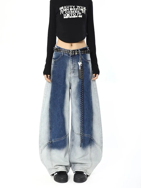 Джинсы wide leg двухцветные со свободной посадкой размер L сине-голубые - изображение 3