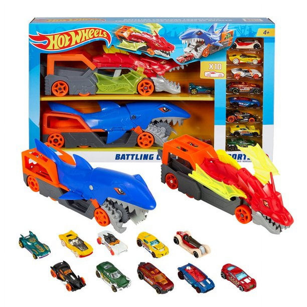 Набір Автовозів Хот Вілс Битва транспортерів з 10 машинками Hot Wheels City Battling Creature Transports (HNR38) - Фото 1 Набір Автовозів Хот Вілс Битва транспортерів з 10 машинками Hot Wheels City Battling Creature Transports (HNR38) - зображення 1