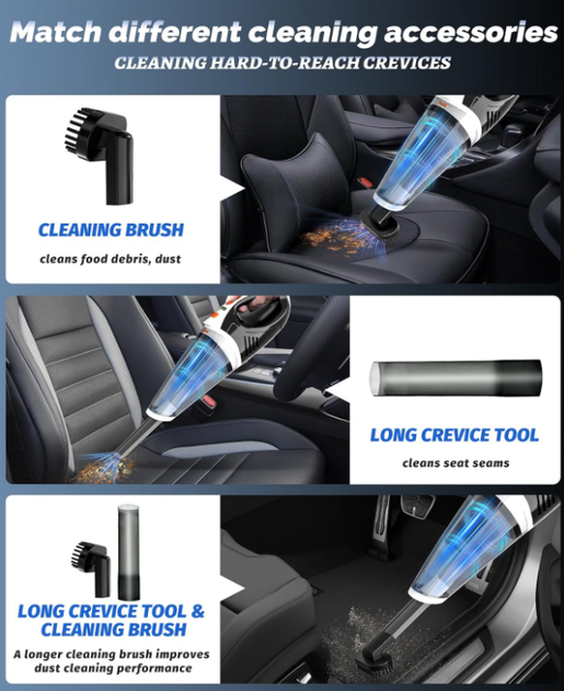 Портативный беспроводной пылесос 5-в-1, ручной mini vacuum для дома, авто и животных, высокой мощности с LED подсветкой - изображение 5