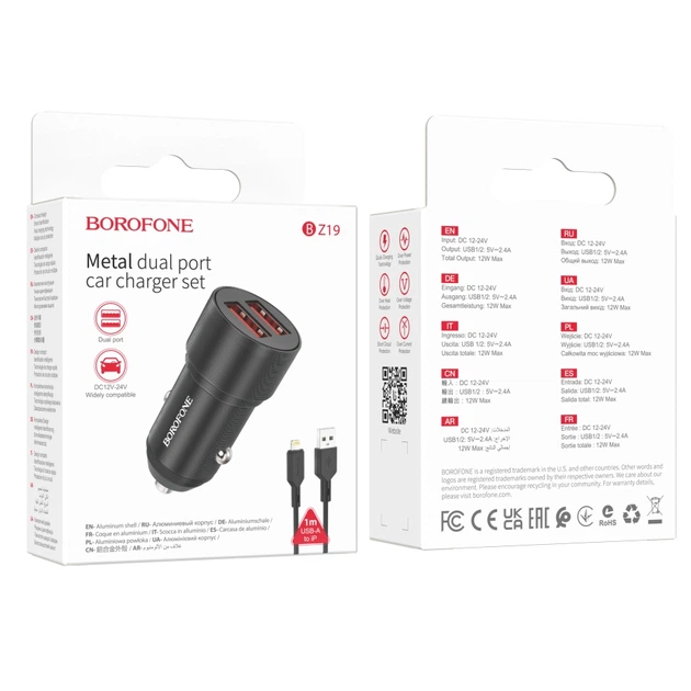 Авто Зарядний Пристрій Borofone BZ19 Wisdom metal 2USB 5V / 12W 2.4A USB - Lightning 1m Чорний - Фото 2 Авто Зарядний Пристрій Borofone BZ19 Wisdom metal 2USB 5V / 12W 2.4A USB - Lightning 1m Чорний - зображення 2