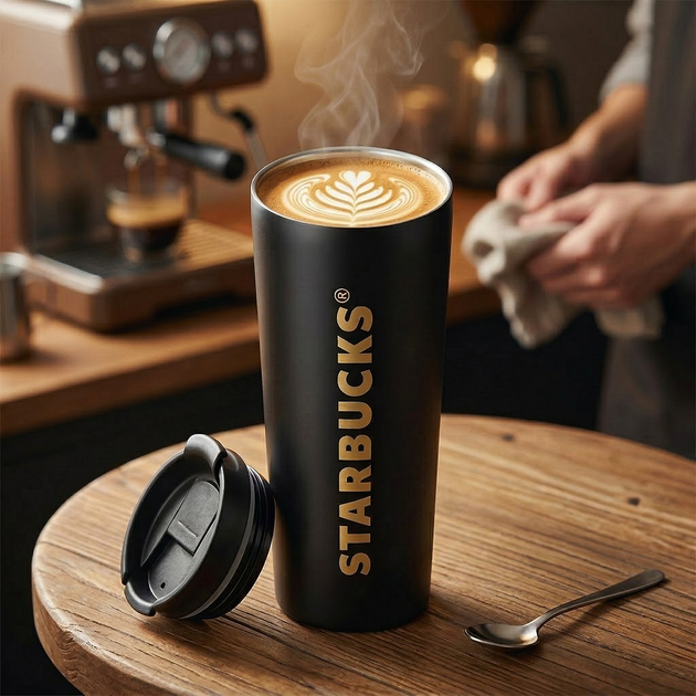 Термокружка для кофе чая термос Kayfovo с надписью Starbucks из нержавеющей стали термостакан туристическая чашка с крышкой Black - изображение 6