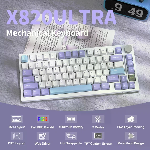 Игровая беспроводная механическая клавиатура Attack Shark X820 Ultra / Три режима подключения / Pre-Lubed Linear Switch / White - Фото 2 Игровая беспроводная механическая клавиатура Attack Shark X820 Ultra / Три режима подключения / Pre-Lubed Linear Switch / White - изображение 2