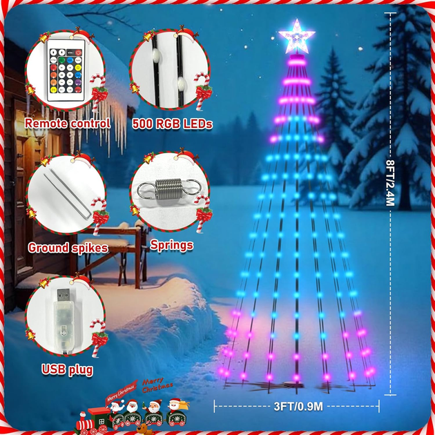 Умная LED елка 2.4 м RGB 500 диодов с приложением и пультом | Музыкальная синхронизация, водонепроницаемая, для улицы и дома - изображение 6