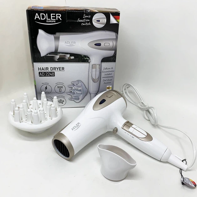 Электрический фен для волос Adler AD-2248 White 2400Вт для укладки и сушки с насадками с ионизацией - изображение 4