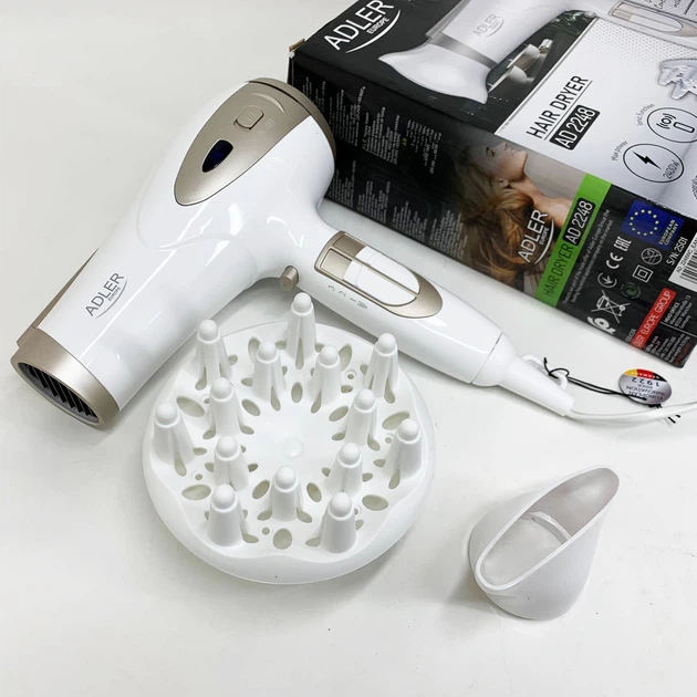 Электрический фен для волос Adler AD-2248 White 2400Вт для укладки и сушки с насадками с ионизацией - изображение 6