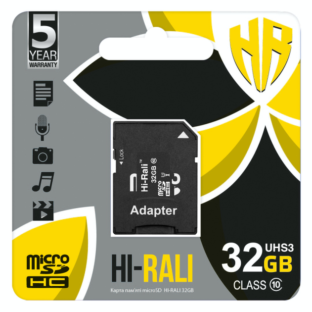 Карта Micro SDHC Hi-Rali память 32gb UHS-3 Class 10 с адаптером Черный - изображение 2