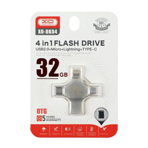 Флешка ЮСБ XO DK04 32Gb 4 in 1 USB Flash Drive 2.0 Type-C / Lightning / Micro-USB, память 32 Гб Steel - изображение 2