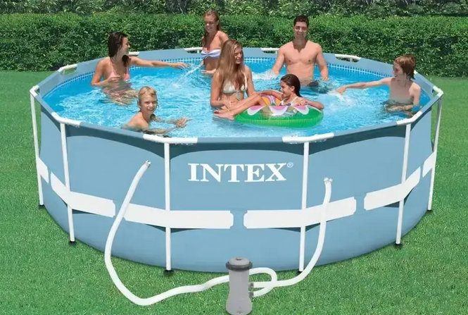 Бассейн каркасный Intex Prism Frame круглый 366 х 122 см 10685 л с песчаным насосом 7900 л/ч тентовой лестницей и серой подстилкой - изображение 7