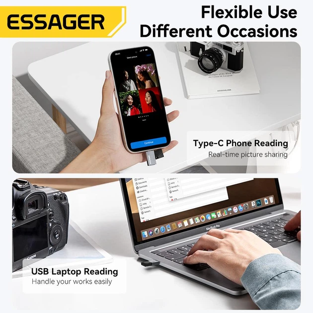 Кардрідер ESSAGER USB-C 2-in-1 TF/MicroSD Card Reader OTG Grey (EDKTF-QW0G-P) - Фото 7 Кардрідер ESSAGER USB-C 2-in-1 TF/MicroSD Card Reader OTG Grey (EDKTF-QW0G-P) - зображення 7