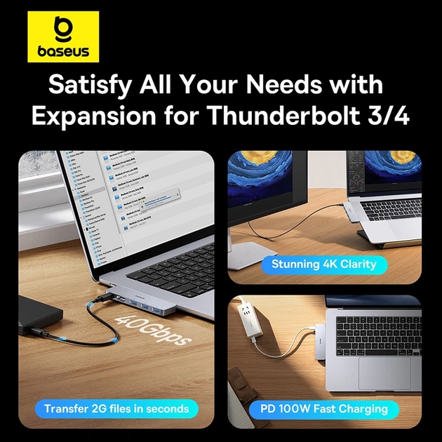 USB-хаб Baseus UltraJoy Series 5-Port HUB Space Grey (USB-C x 2 to USB-C 40Gbps x 1+HDMI 4K@30Hz x 1+USB3.0 x 3) (B00052801811-04) - зображення 11