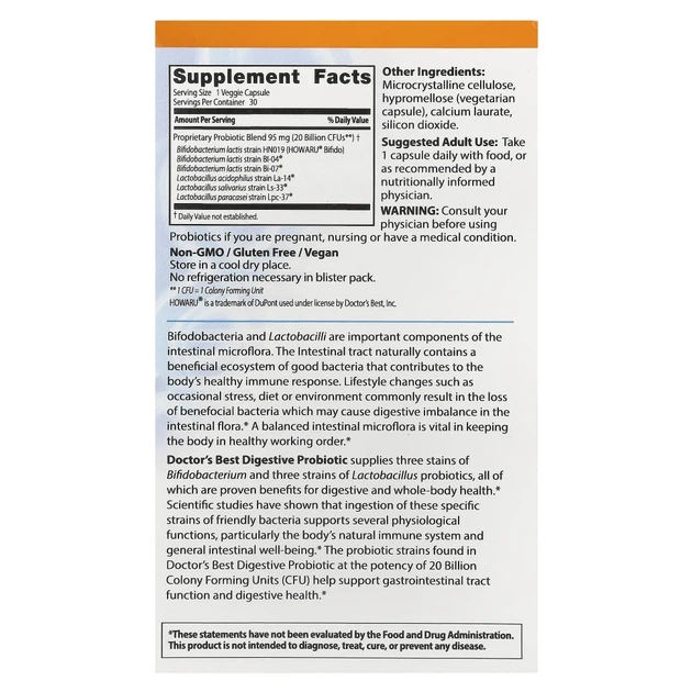 Пробіотики для травлення Doctor's Best (Digestive Probiotic with Howaru) 20 млрд КУО 30 капсул (DRB-00362) - изображение 2