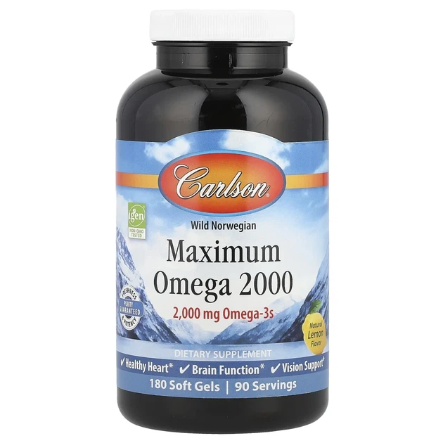 Carlson, Maximum Omega 2000, омега-3 кислоти з норвезької риби дикої вилову, натуральний лимонний смак, 2000 мг, 180 капсул (1000 мг у капсулі) (CAR-17220) - Фото 1 Carlson, Maximum Omega 2000, омега-3 кислоти з норвезької риби дикої вилову, натуральний лимонний смак, 2000 мг, 180 капсул (1000 мг у капсулі) (CAR-17220) - зображення 1