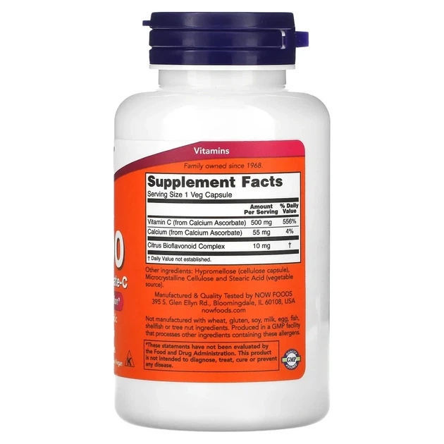 Вітамін C та аскорбат кальцію з біофлавоноїдами Now Foods (Calcium Ascorbate-C) 500 мг 100 капсул (NOW-00676) - изображение 2
