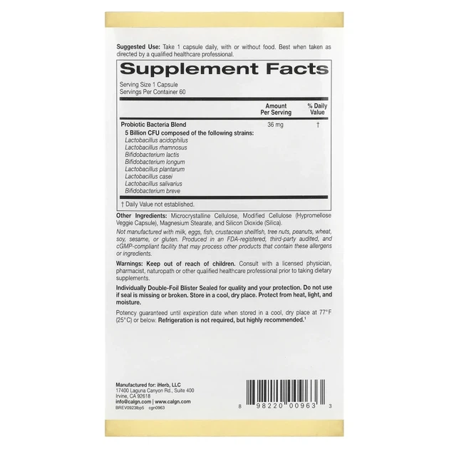 California Gold Nutrition, LactoBif® 5, пробіотики, 5 млрд КУО, 60 вегетаріанських капсул (CGN-00963) - изображение 2