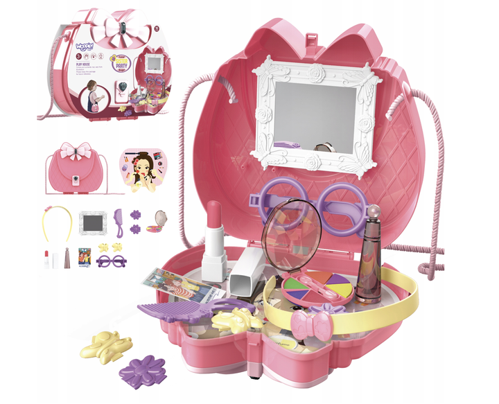 Дитячий косметичний набір для макіяжу Kids Pretend Toy Bag розвиваючий ігровий комплект з дзеркалом гребінцем та шпильками у рожевій сумочці 20х18х8 см для сюжетно рольових ігор дівчаток від 3 років з іграшковою косметикою та аксесуарами - зображення 5