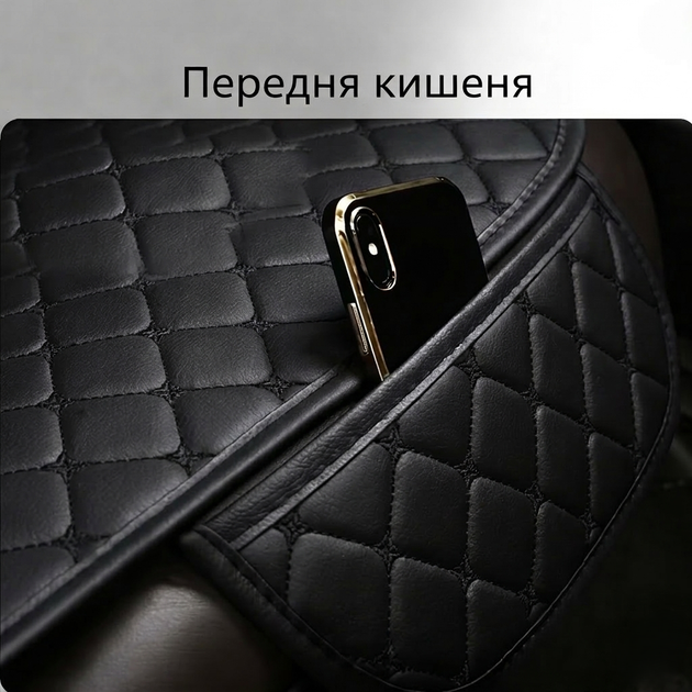 Универсальная накидка на сиденье авто из экокожи Nappa 49×50 см. автомобильная накидка на переднее сиденье с антискользким основанием и карманом черная с черной обшивкой - изображение 6