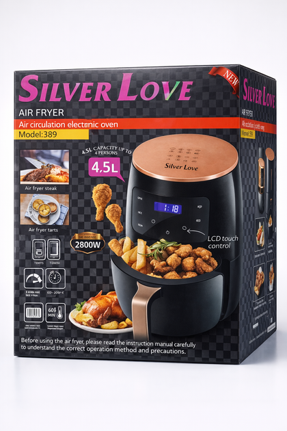 Аерофритюрниця Silver Love 389, 4.5 л, 2800 Вт, сенсорна, 8 програм, без олії, LCD дисплей, регулювання температури 60–200°C, таймер 60 хв, антипригарне покриття, чорна - Фото 5 Аерофритюрниця Silver Love 389, 4.5 л, 2800 Вт, сенсорна, 8 програм, без олії, LCD дисплей, регулювання температури 60–200°C, таймер 60 хв, антипригарне покриття, чорна - изображение 5