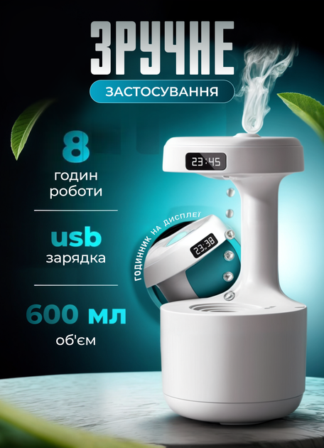 Настольный ультразвуковой увлажнитель воздуха 600 мл антигравитационный ночник для дома или офиса с подсветкой и часами от USB белый - Фото 3 Настольный ультразвуковой увлажнитель воздуха 600 мл антигравитационный ночник для дома или офиса с подсветкой и часами от USB белый - изображение 3