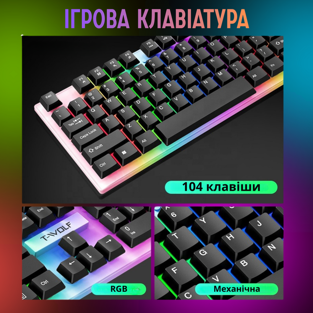 Ігровий набір геймерський комплект TF240 4в1 з RGB підсвічуванням миша клавіатура гарнітура килимок провідний JDT-0849738 - зображення 3