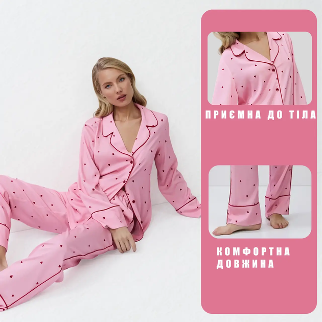 Женская пижама Aruelle cherie pajama long розовая с сердечками на рубашка пуговицах и штаны вискоза домашняя с длинным рукавом S - изображение 2