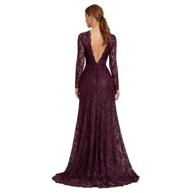 Платье кружевное "Deep Plum" с открытой спиной и шлейфом бордовое XS/S - Фото 2 Платье кружевное "Deep Plum" с открытой спиной и шлейфом бордовое XS/S - изображение 2