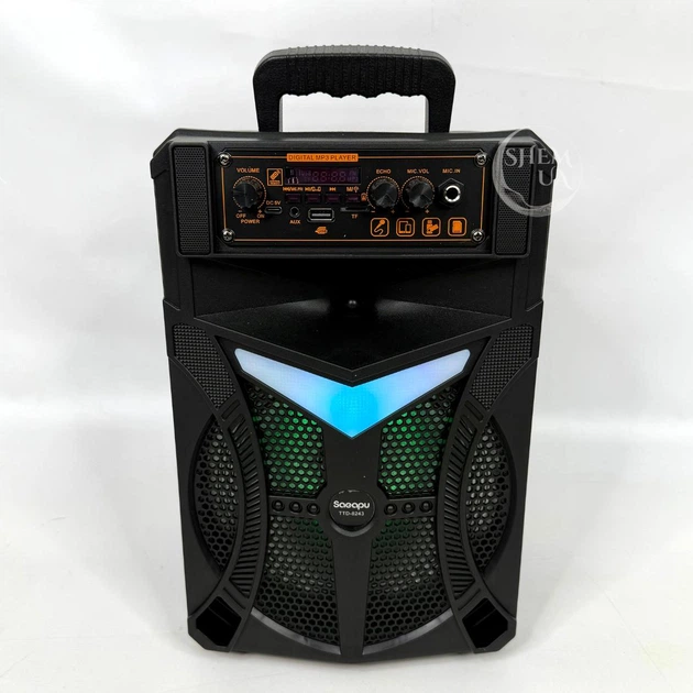 Аккумуляторная переносная Bluetooth колонка с микрофоном для караоке 20Вт 8", беспроводная акустическая система с LED подсветкой, MP3 плеером и FM-радио, портативная акустика с ручкой и пультом дистанционного управления для дома и улицы Черная, TTD-8243 - изображение 9