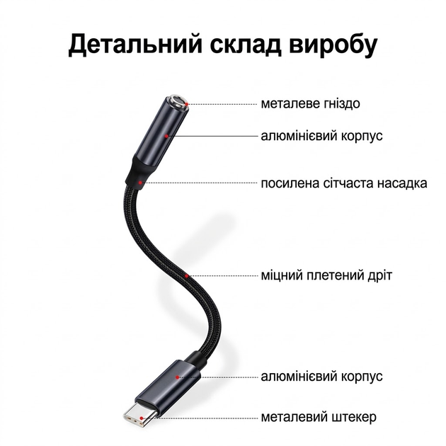 Аудіо-перехідник USB-C на Mini-jack 3.5 мм для смартфонів Black, адаптер AUX 3.5 мм під дротові навушники, аудіокабель для Samsung / Xiaomi / iPhone / Pixel / Huawei / OnePlus - зображення 3