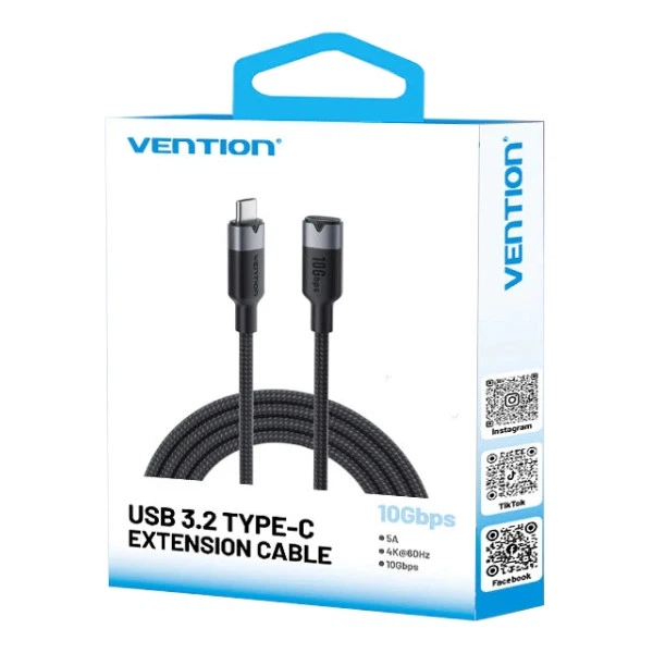Кабель подовжувач Vention TRFBF USB 3.2 Gen2 Type-C M-F 1м 100W 10Gbps 4K 60Hz Black - зображення 3