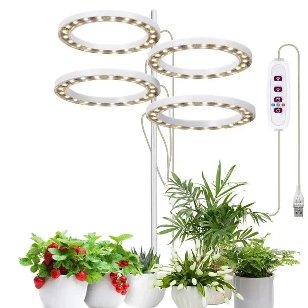 Лампа для растений MA714 LED 4 кольца 80 диодов полный спектр для рассады и цветов с регулировкой направления света USB фитолампа для комнатных растений и пряных трав для быстрого роста и стимуляции фотосинтеза в любое время года - изображение 3