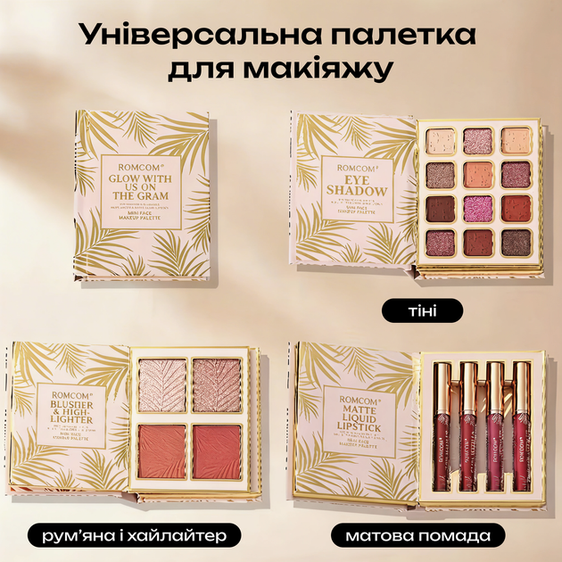 Набір косметики Romcom Mini Face Makeup Palette палетка книга тіні, рум'яна, хайлайтер та помади - зображення 2