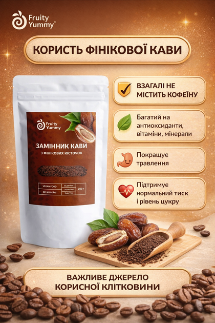 Фінікова кава розчинна, кава з фінікових кісточок натуральна без кофеїну Fruity Yummy 200 г - зображення 2