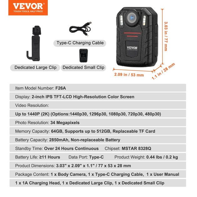 Нагрудный видеорегистратор Vevor F26A Black Б/В - Фото 8 Нагрудный видеорегистратор Vevor F26A Black Б/В - изображение 8