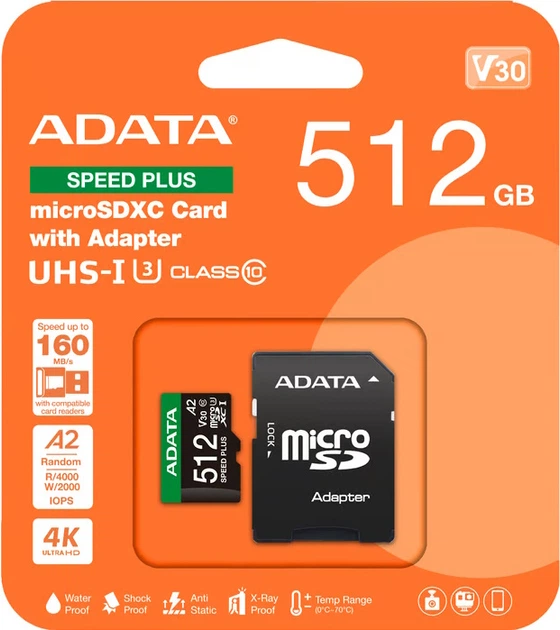 Karta pamięci microSD Adata Speed Plus 512GB z adapterem SD (UD512GUI3V30A2SP-RA1) - obraz 3