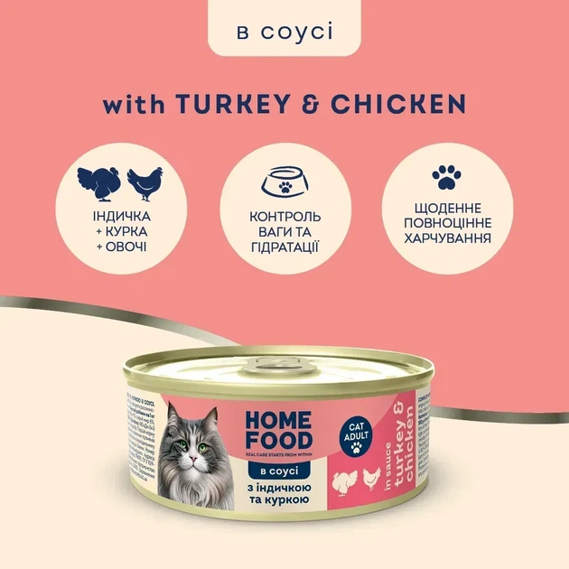 Повнораціонний консервований корм HOME FOOD для дорослих котів з індичкою та куркою в соусі, 85 г(упаковка 12 шт.) - Фото 5 Повнораціонний консервований корм HOME FOOD для дорослих котів з індичкою та куркою в соусі, 85 г(упаковка 12 шт.) - изображение 5