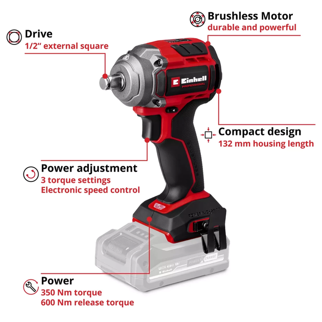 Гайковерт ударний акумуляторний Einhell Professional TP-CW 18/350-C Li BL - Solo 18В 350Нм 0-2400об/хв 1.03кг - изображение 2