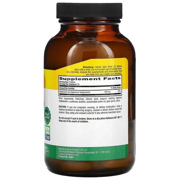 Магний глицинат Chelated Magnesium Glycinate Country Life, 400 мг, 90 таблеток - изображение 2