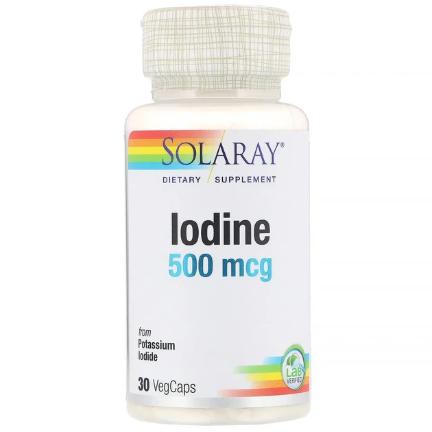 Йодин как калий йодид, Iodine, Solaray, 500 мкг, 30 вегетарианских капсул - Фото 1 Йодин как калий йодид, Iodine, Solaray, 500 мкг, 30 вегетарианских капсул - изображение 1