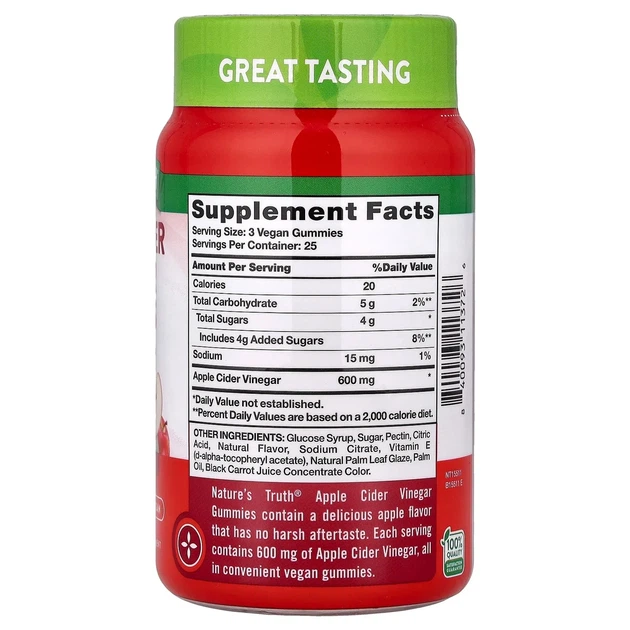 Яблочный уксус, Apple Cider Vinegar, Nature's Truth, вкус яблока, 600 мг, 75 веганских жевательных конфет - изображение 5