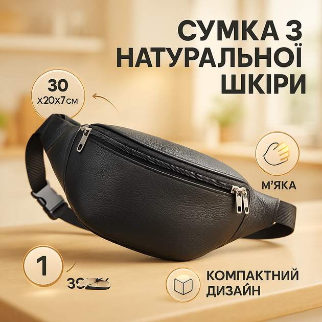 Шкіряна бананка, чоловіча сумка жіноча з натуральної шкіри, чорна барсетка - Фото 1 Шкіряна бананка, чоловіча сумка жіноча з натуральної шкіри, чорна барсетка - зображення 1