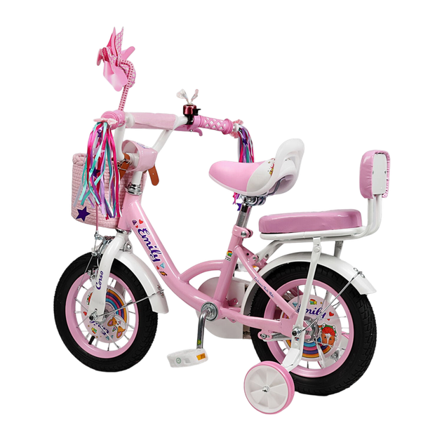 Велосипед Corso Emily 12 дюймов 2-х колесный для детей 3-4 года рост: 80-100 см с ручным и ножным тормозом, корзинкой и дополнительными колесами для девочки розовый - изображение 9