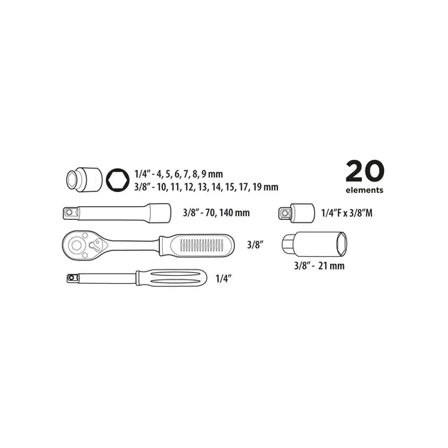 Набір інструментів Top Tools змінних головок 1/4", 3/8" 20 од. (38D520) - изображение 2