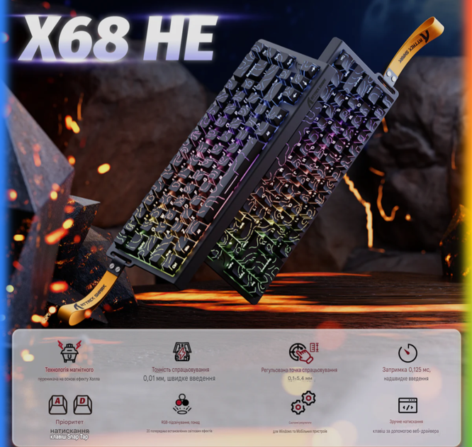 Клавіатура ATTACK SHARK X68 HE для геймінгу (RGB, Outemu Jade White Magnetic Switch, 65%, Black-Contour Line, дротова) - зображення 2