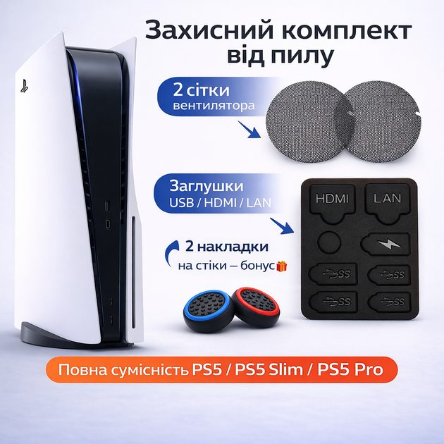Пилозахисний комплект PS5/PS5 Slim/PS5 Pro — сітки вентилятора + заглушки USB HDMI LAN + накладки на стіки PS5 / PS5 Slim / PS5 Pro - Фото 6 Пилозахисний комплект PS5/PS5 Slim/PS5 Pro — сітки вентилятора + заглушки USB HDMI LAN + накладки на стіки PS5 / PS5 Slim / PS5 Pro - зображення 6