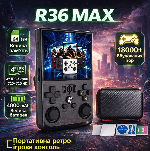 Портативная ретро игровая консоль R36 MAX, 4" IPS 720×720, 4000 mAh, 64GB + 18000+ игр, приставка + чехол + стекло - Фото 1 Портативная ретро игровая консоль R36 MAX, 4" IPS 720×720, 4000 mAh, 64GB + 18000+ игр, приставка + чехол + стекло - изображение 1