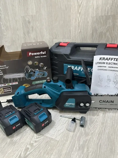 Акумуляторна ланцюгова пила Krafftec з автоматичним мастилом електропила для обрізання дерев і розпилювання деревини з шиною 12 дюймів та двома акумуляторами 52V/6Ah - Фото 4 Акумуляторна ланцюгова пила Krafftec з автоматичним мастилом електропила для обрізання дерев і розпилювання деревини з шиною 12 дюймів та двома акумуляторами 52V/6Ah - зображення 4
