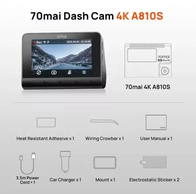 Автомобильный видеорегистратор 70mai Dash Cam 4K A810S - Фото 4 Автомобильный видеорегистратор 70mai Dash Cam 4K A810S - изображение 4