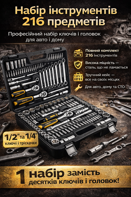 Профессиональный набор инструментов для авто и дома 216 предметов, набор ключей и головок 1/2 и 1/4, автонабор для ремонта авто - Фото 10 Профессиональный набор инструментов для авто и дома 216 предметов, набор ключей и головок 1/2 и 1/4, автонабор для ремонта авто - изображение 10